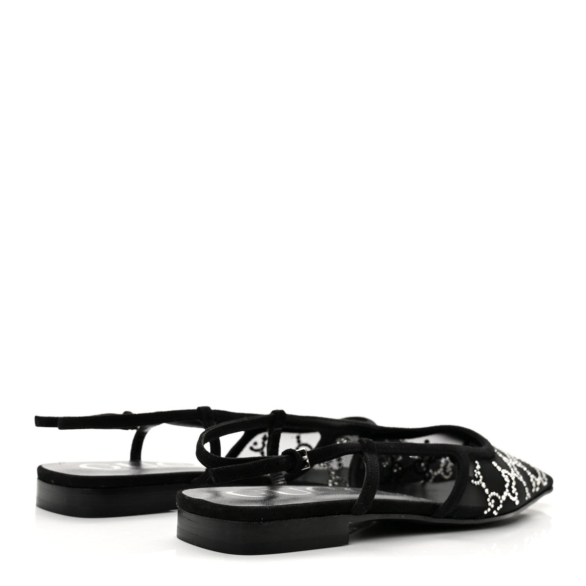 Gucci Suede Mesh Women's Crystal GG Demi Ballet Flats 37.5 Black