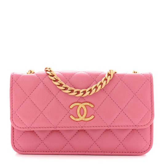 Quilted Lambskin Flap Shoulder Bag - Pink