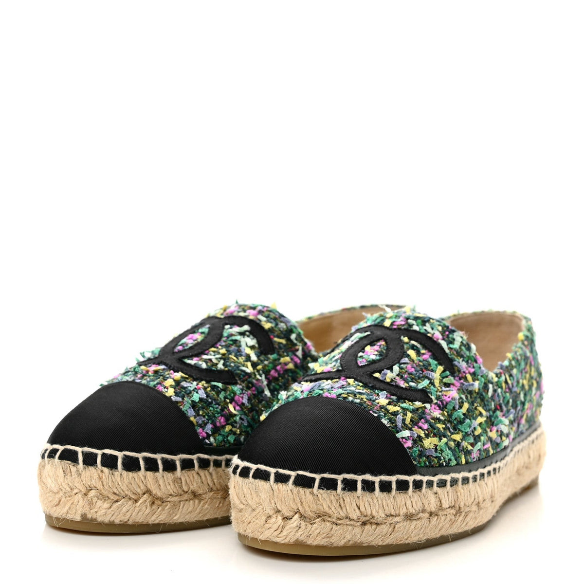 Chanel Tweed Grosgrain Women's CC Espadrilles 37 Multicolor