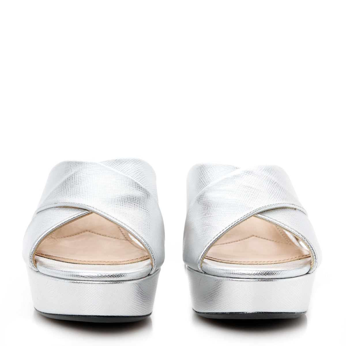 Prada Metallic Saffiano Crisscross Women's Platform Sandals 34.5 Silver