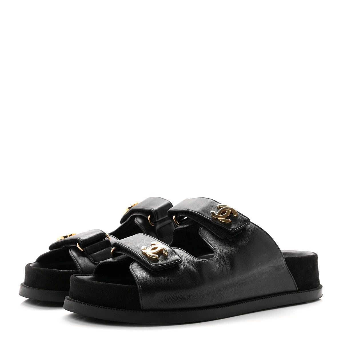 Chanel Lambskin Velcro Dad Chain CC Women's Slide Sandals Black