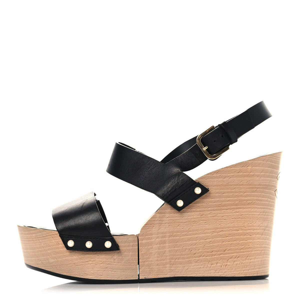 Chanel Wood Calfskin Women's CC Hinge Wedge Sandals 41 Black