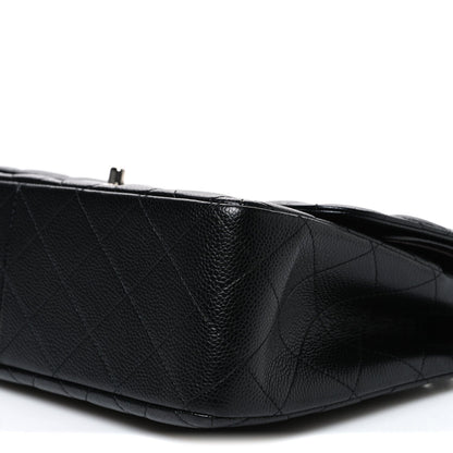 Quilted Caviar Flap Shoulder Bag - Black