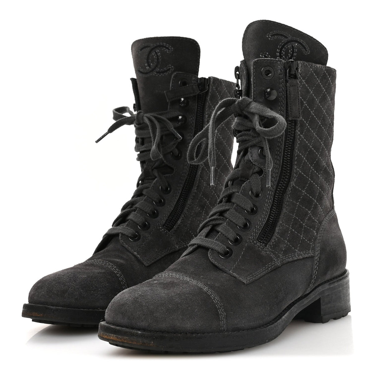 Chanel Suede Women's Quilted CC Tall Lace Up Combat Boots 38 Grey