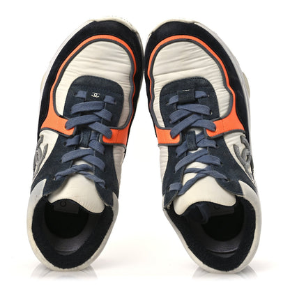 Chanel Nylon Calfskin Suede Women's CC Sneakers 35.5 Navy White Orange Black