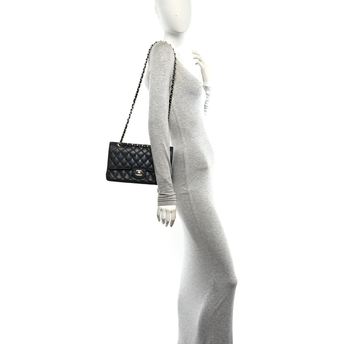 Medium Quilted Caviar Flap Shoulder Bag - Black