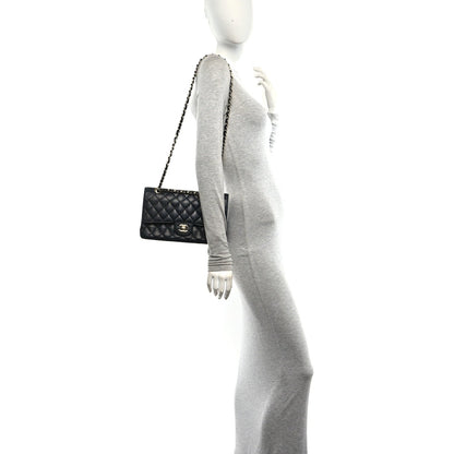Medium Quilted Caviar Flap Shoulder Bag - Black