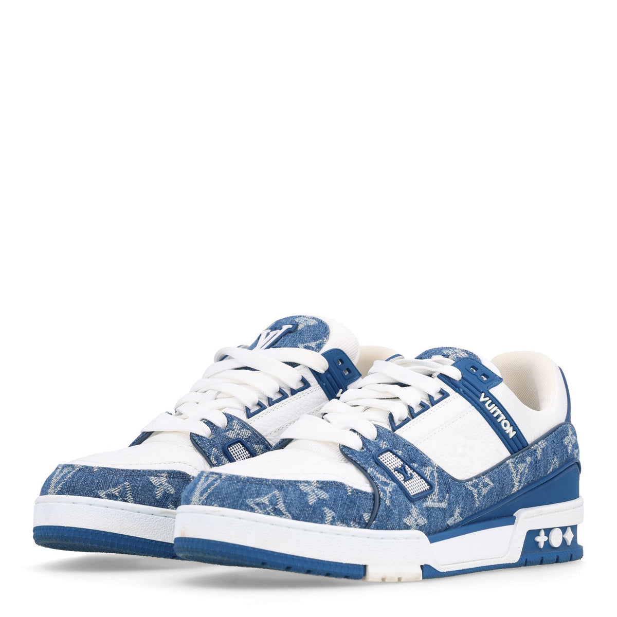 Louis Vuitton Calfskin Embossed Monogram Denim Women's LV Trainer Sneakers 40 Blue