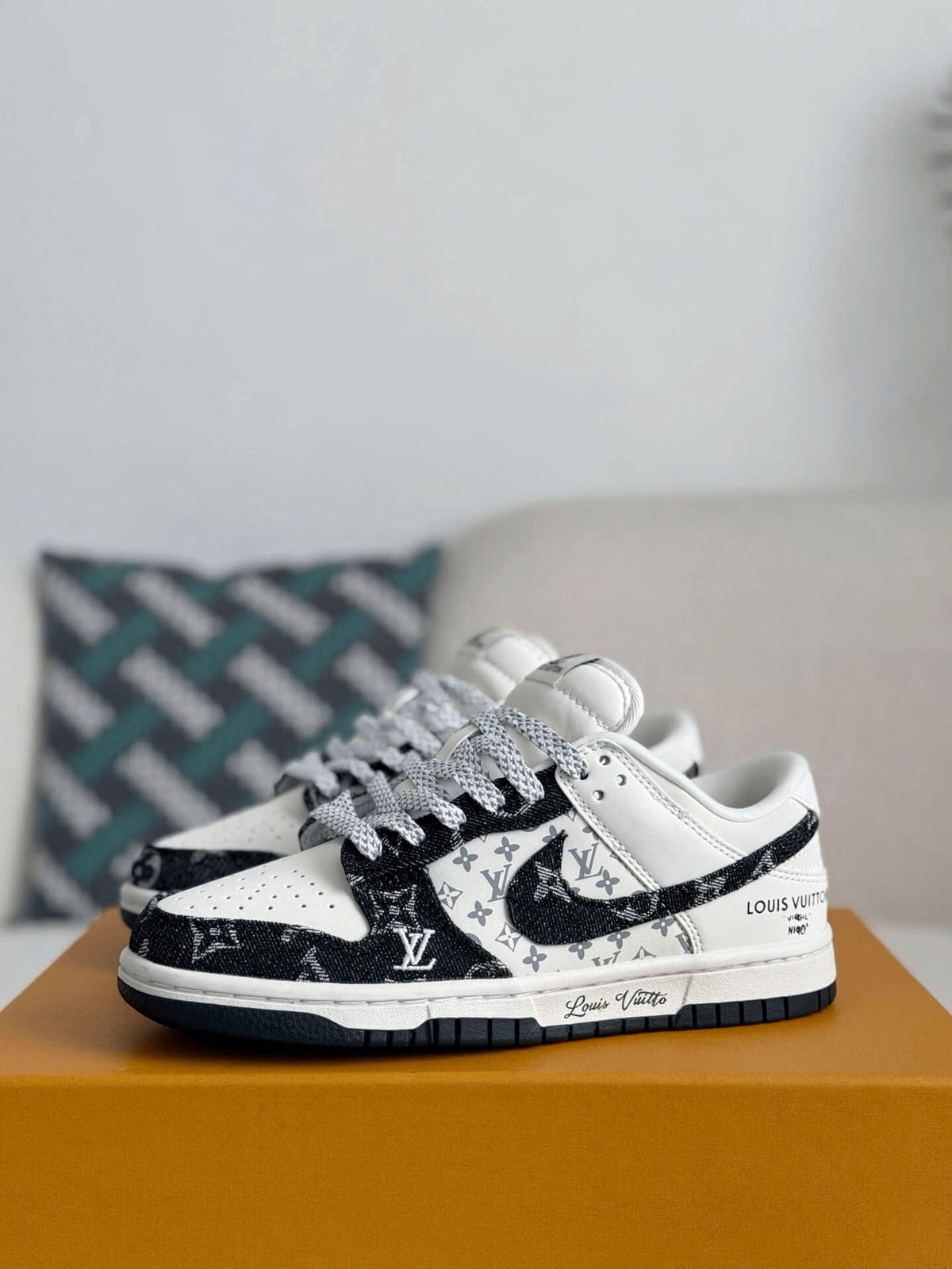 Sb Dunk Low White Black Denim Monogram Sneaker
