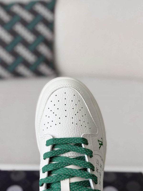 Dunk Low Sneaker In White and Green Monogram Canvas