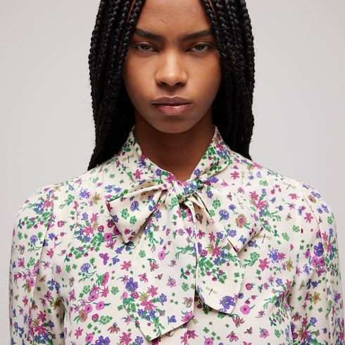 Women's Printed Silk Shirt with Bow