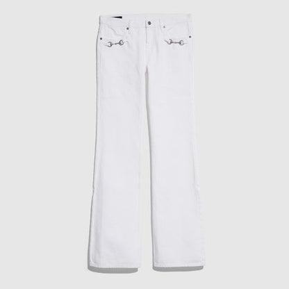 Women's Washed Cotton Denim Flared-Leg Pants with Horsebit