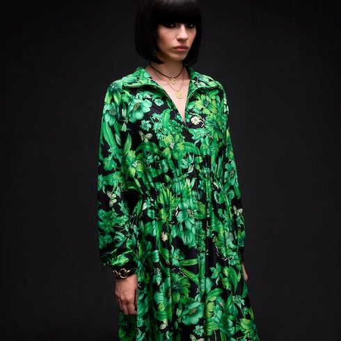 Women's Printed Shiny Stretch Silk Long Dress