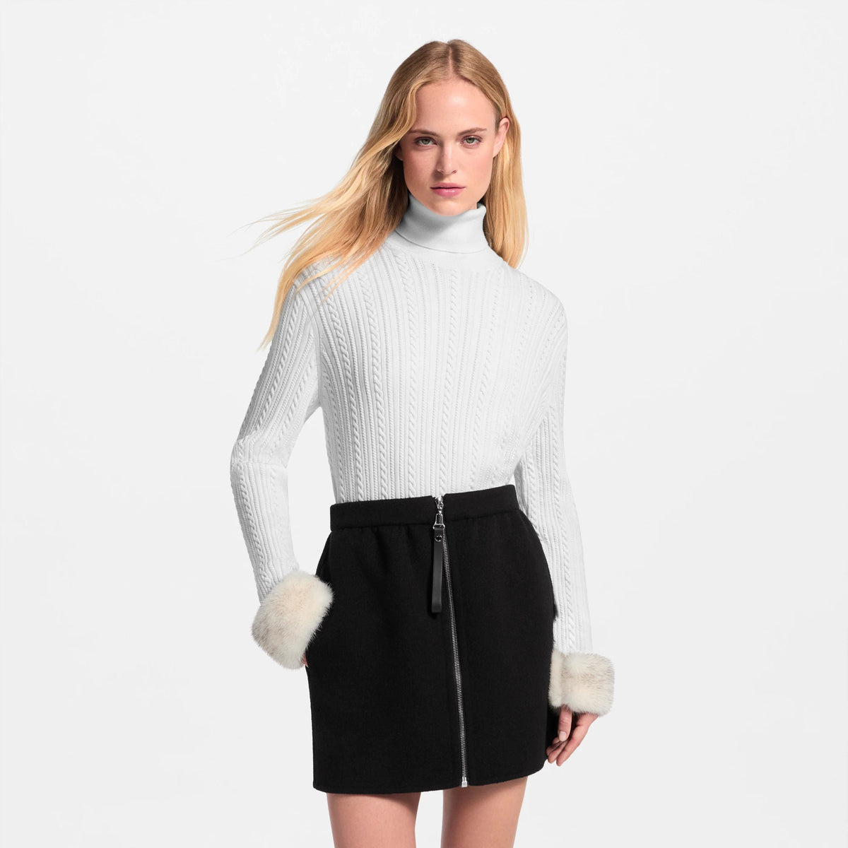 Women's Long-Sleeved Fur Cuff Turtleneck Top